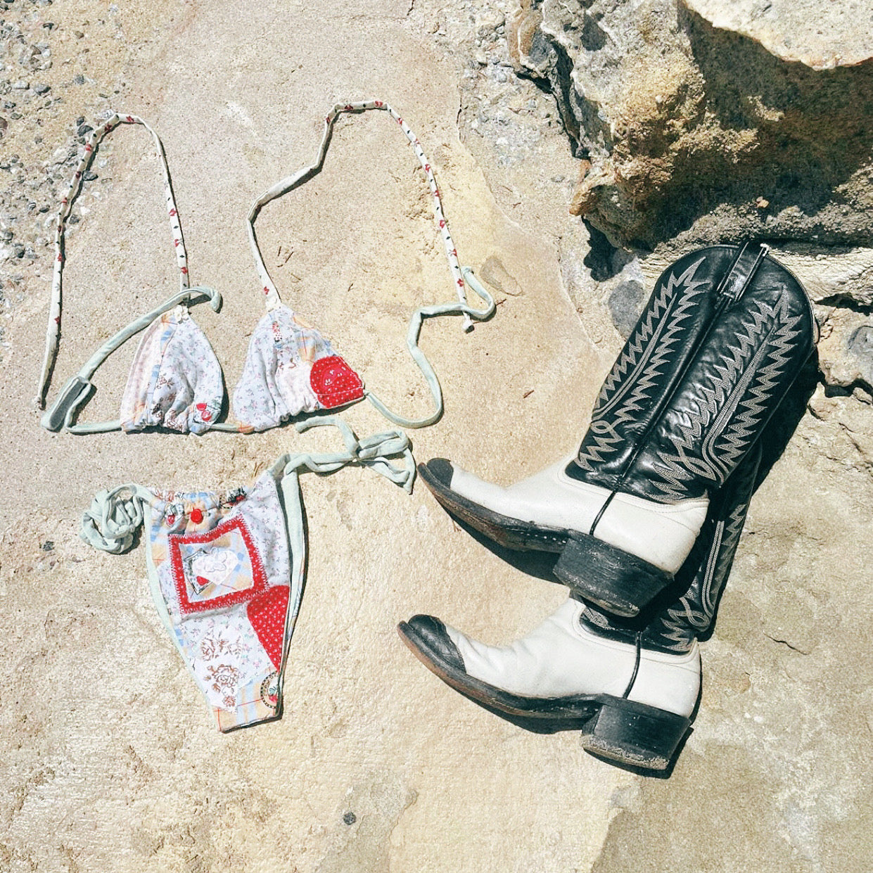 Billie Brooks patchwork bikini and cowboy boots