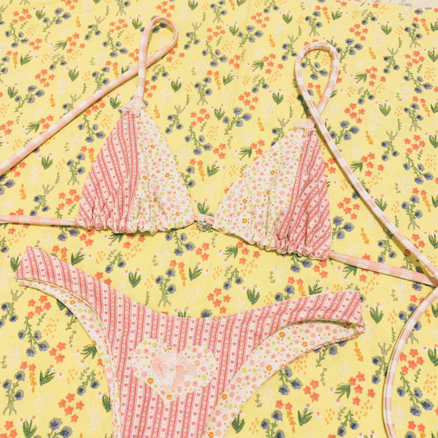 Vintage inspired patchwork 'Shelby' bikini top, made with White ditsy calico, Pink folk inspired & gingham fabrics by Billie Brooks